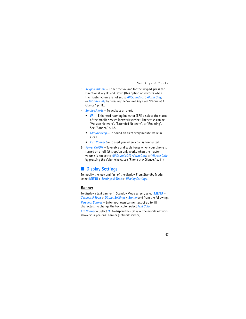 Display settings, Banner | Nokia 2605 User Manual | Page 68 / 101