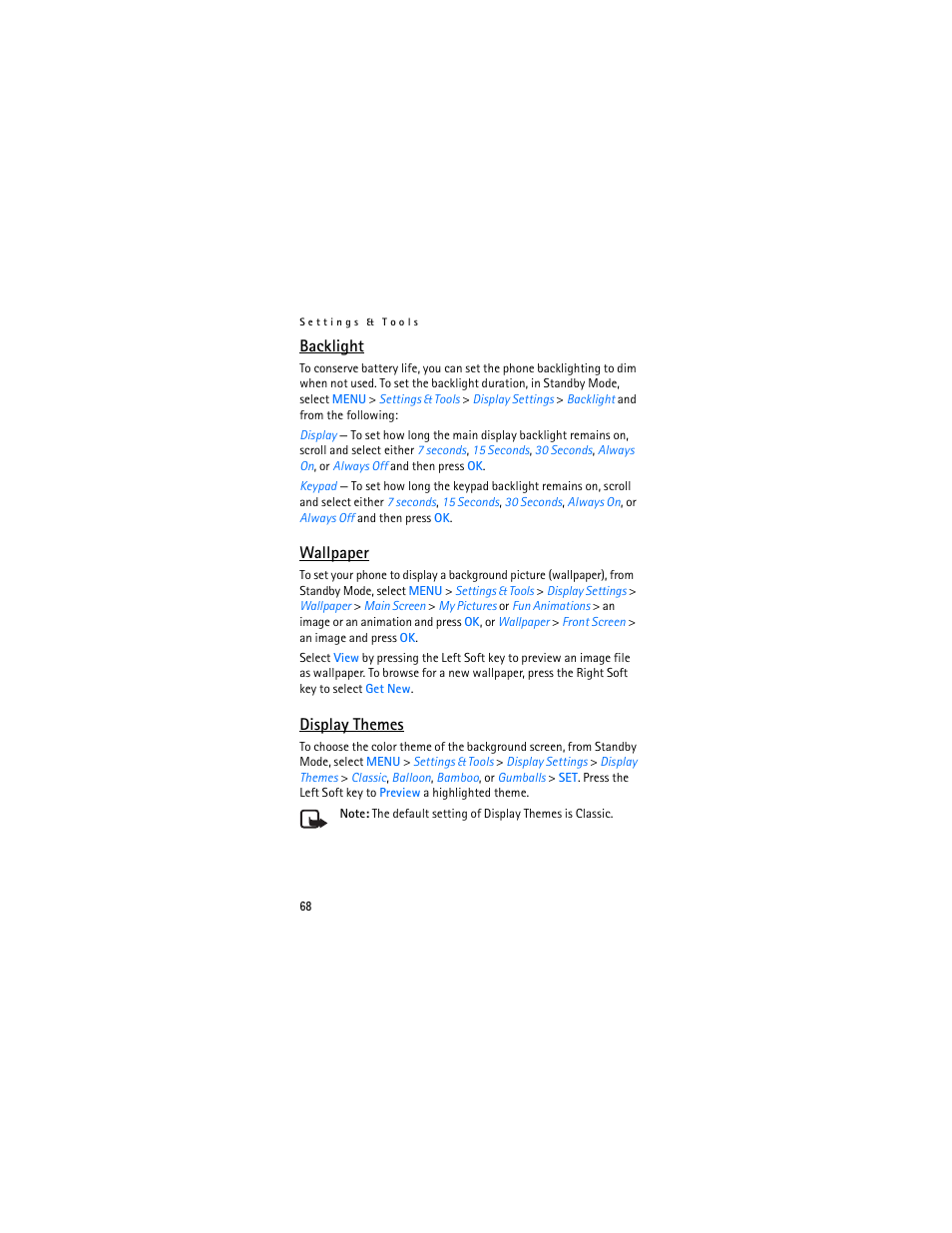 Backlight, Wallpaper, Display themes | Nokia 2605 User Manual | Page 69 / 101