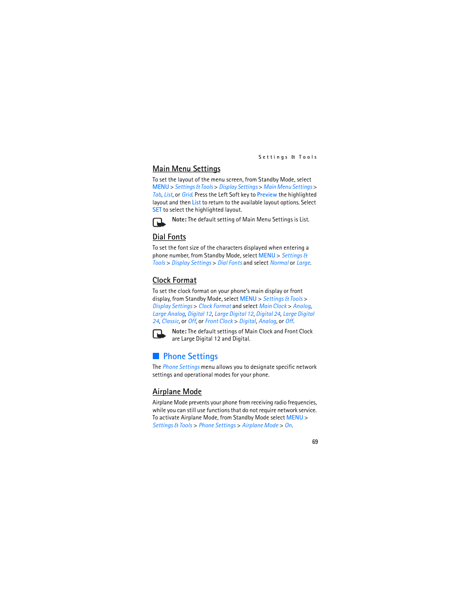 Phone settings, Main menu settings, Dial fonts | Clock format, Airplane mode | Nokia 2605 User Manual | Page 70 / 101