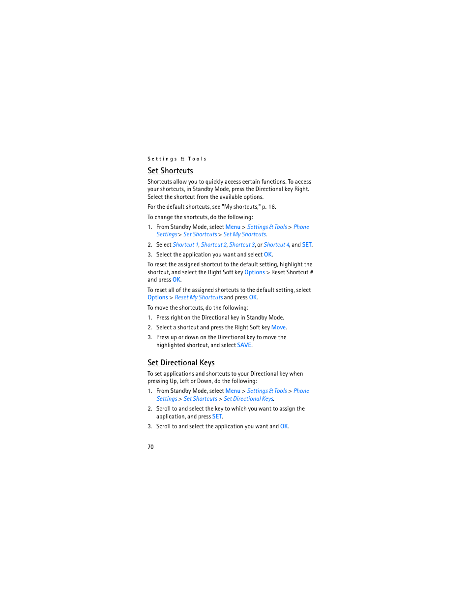 Set shortcuts, Set directional keys | Nokia 2605 User Manual | Page 71 / 101