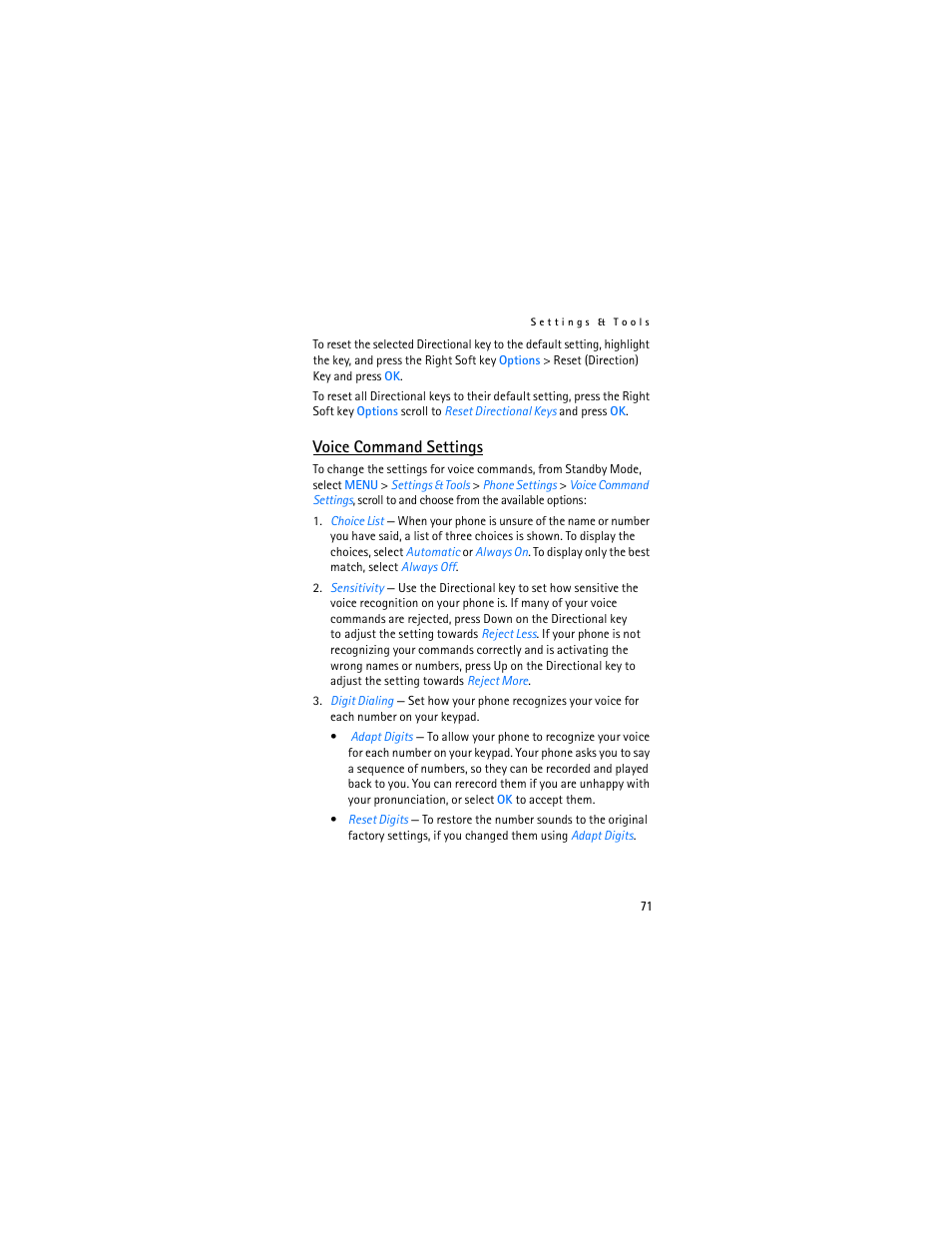 Voice command settings | Nokia 2605 User Manual | Page 72 / 101