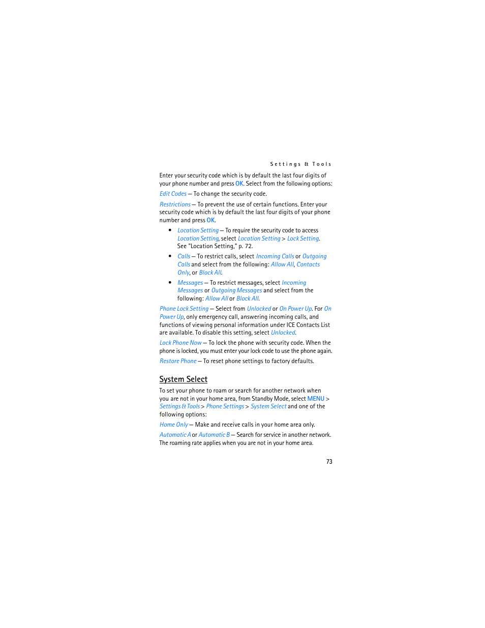 System select | Nokia 2605 User Manual | Page 74 / 101
