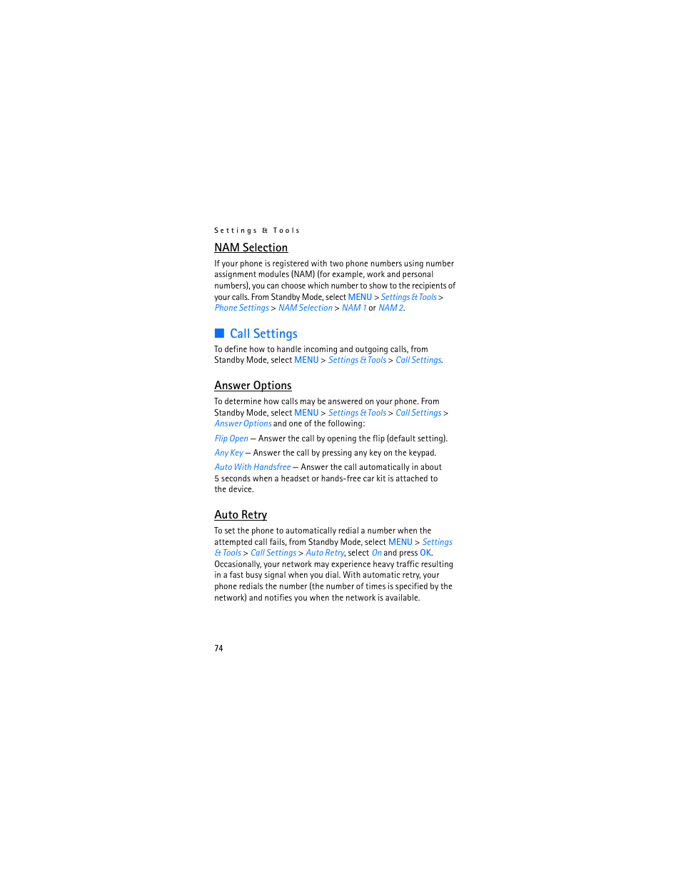 Call settings, Nam selection, Answer options | Auto retry | Nokia 2605 User Manual | Page 75 / 101