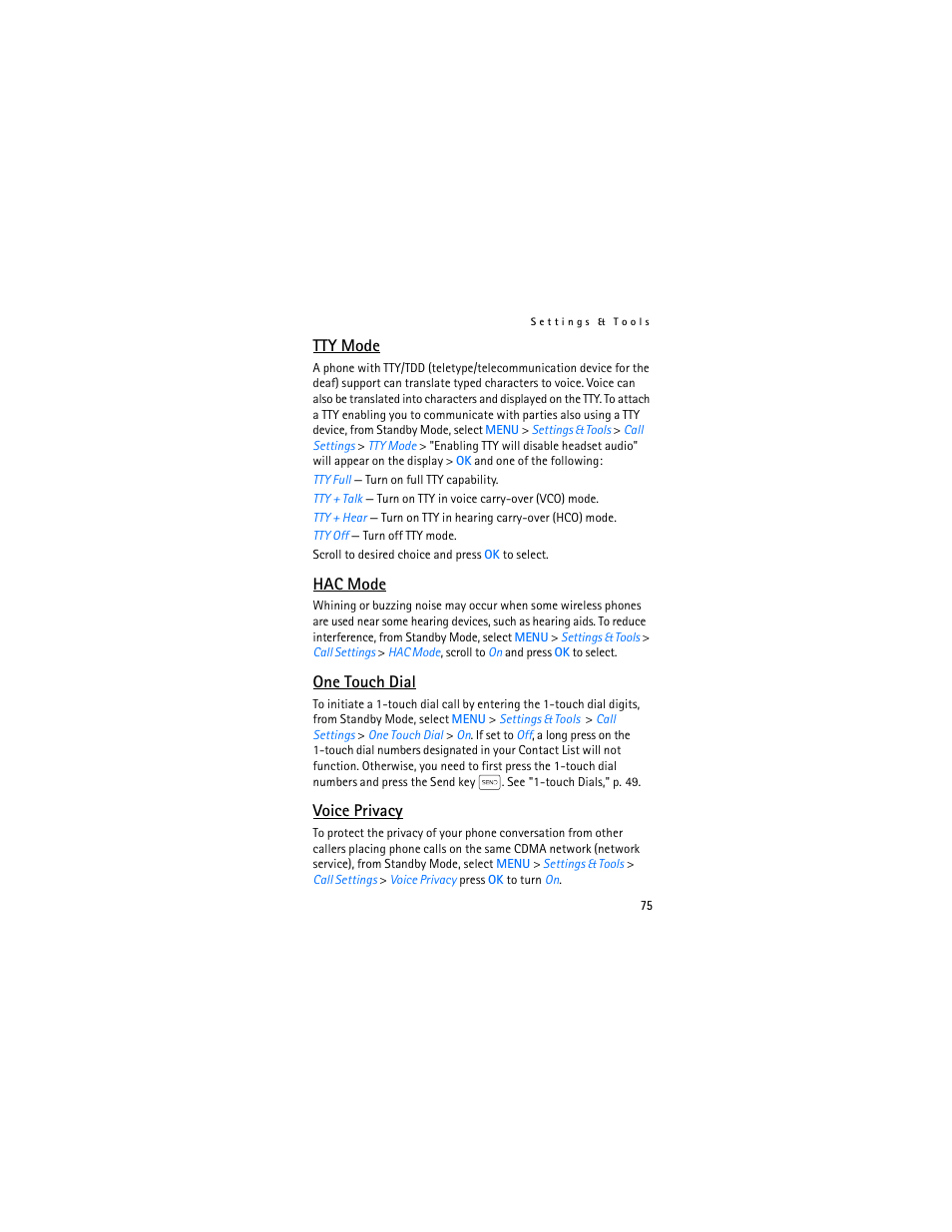 Tty mode, Hac mode, One touch dial | Voice privacy | Nokia 2605 User Manual | Page 76 / 101