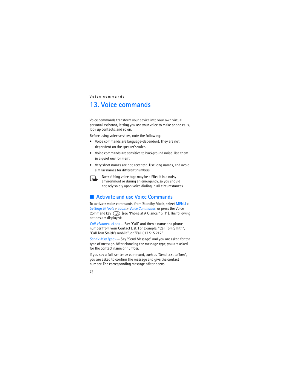 Voice commands, Activate and use voice commands | Nokia 2605 User Manual | Page 79 / 101