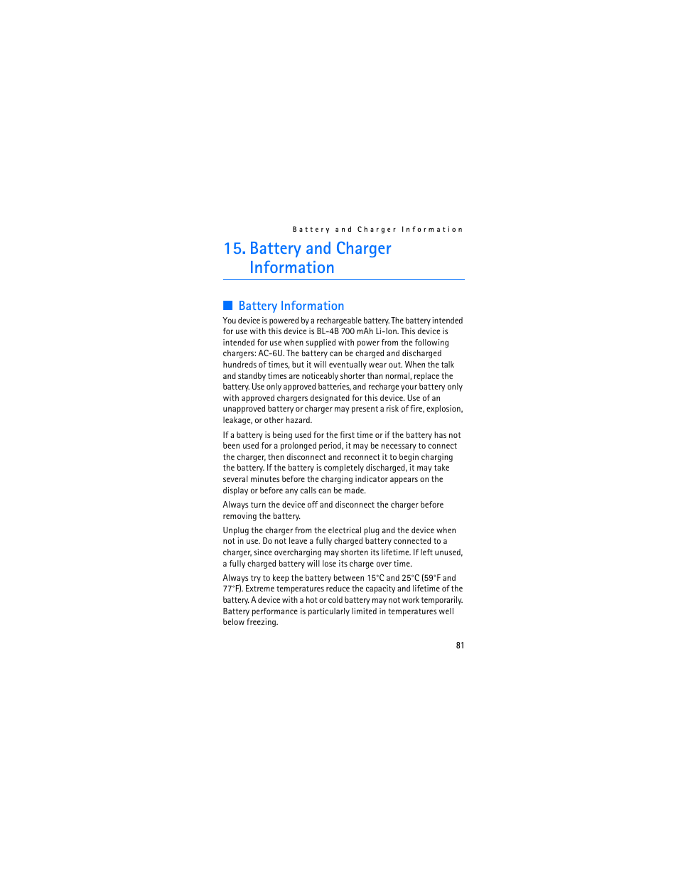 Battery and charger information, Battery information, Battery and charger | Information | Nokia 2605 User Manual | Page 82 / 101