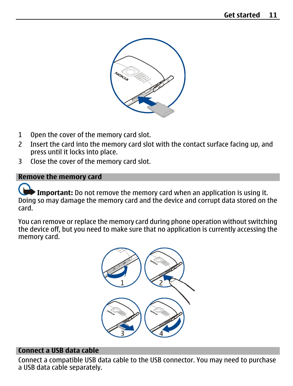 Remove the memory card, Connect a usb data cable | Nokia X2-01 User Manual | Page 11 / 44