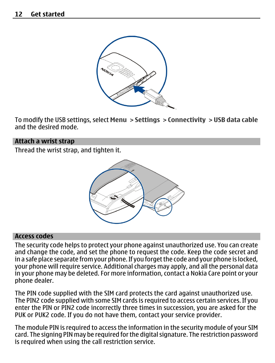 Attach a wrist strap, Access codes | Nokia X2-01 User Manual | Page 12 / 44