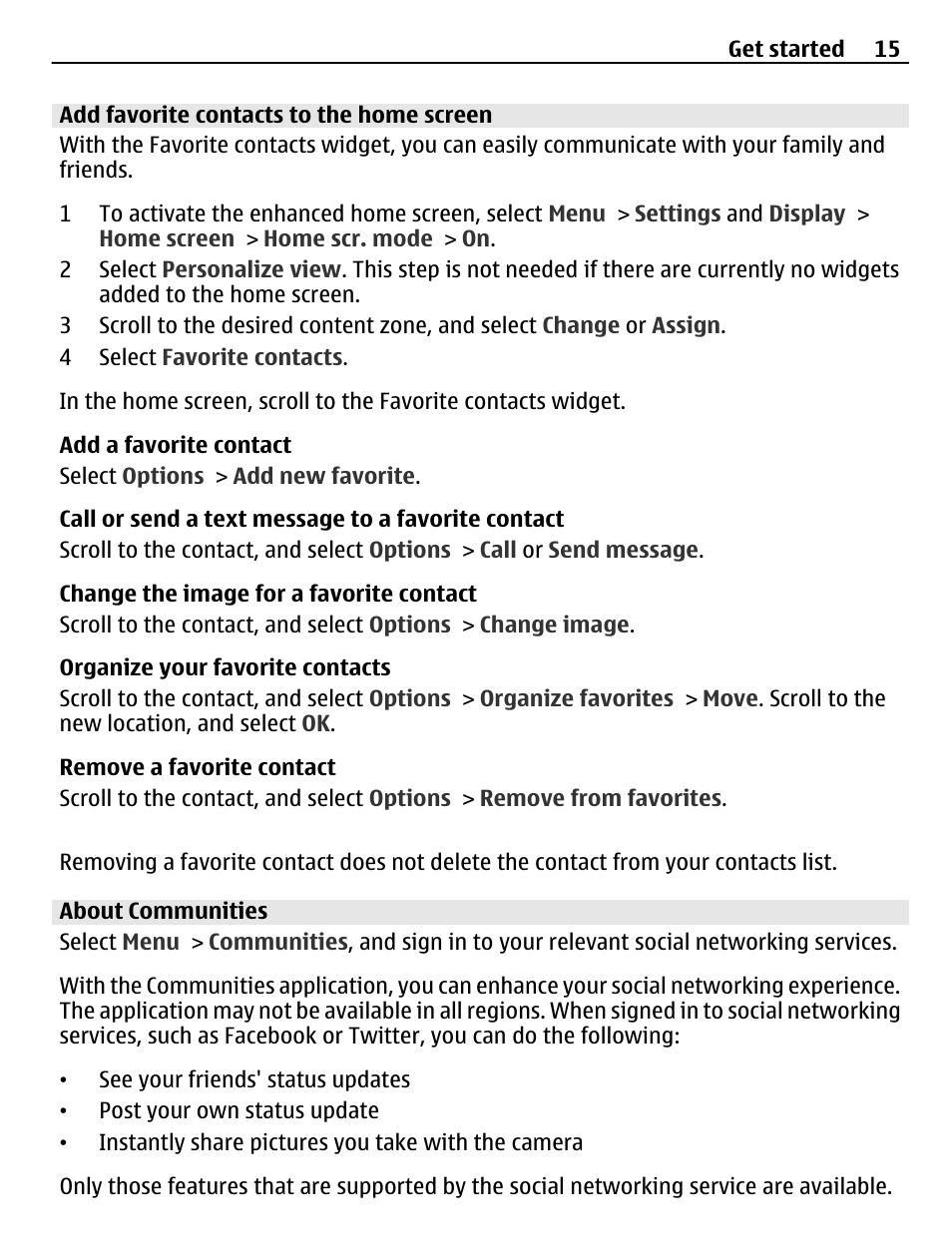 Add favorite contacts to the home screen, About communities | Nokia X2-01 User Manual | Page 15 / 44