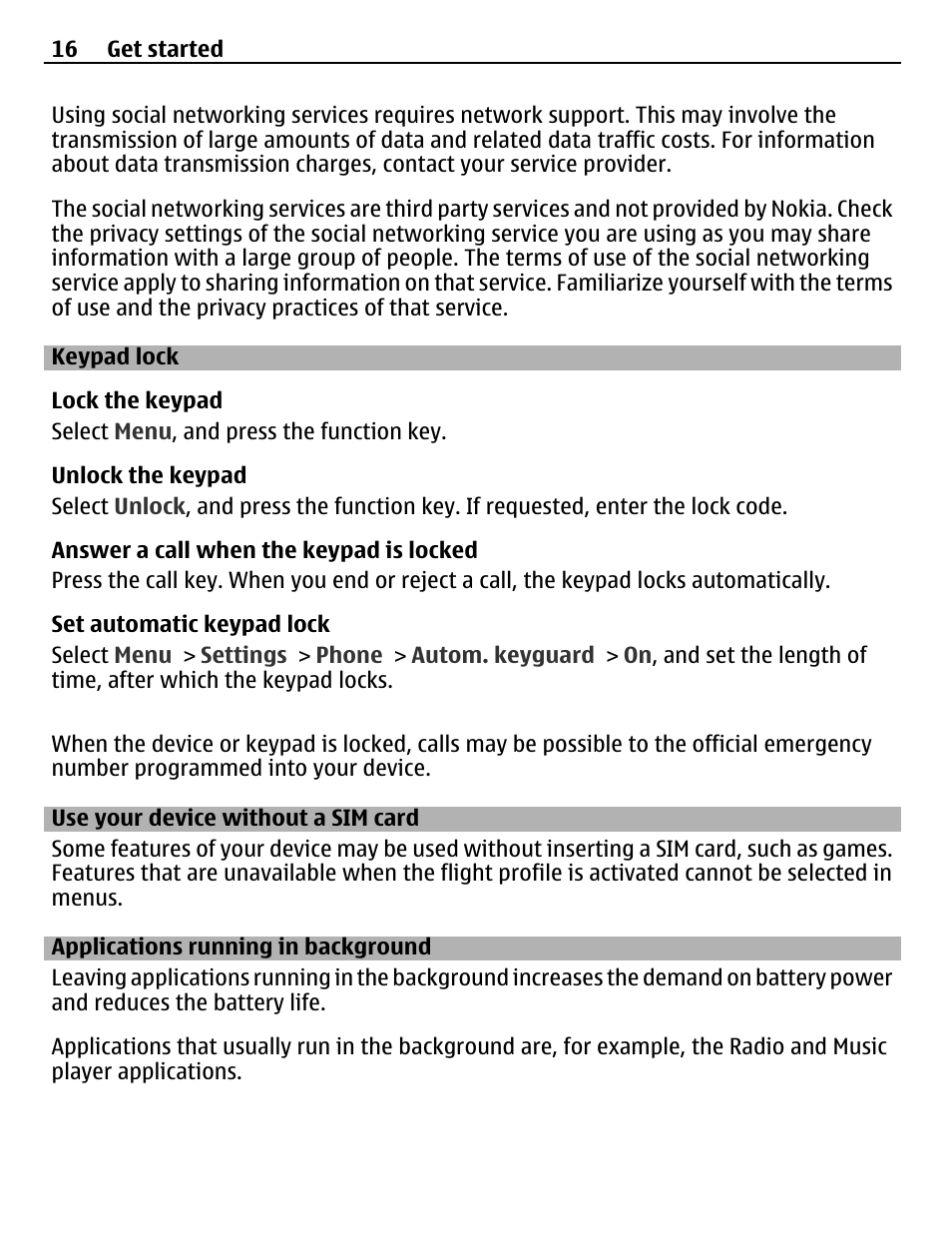 Keypad lock, Use your device without a sim card, Applications running in background | Applications running in background 16 | Nokia X2-01 User Manual | Page 16 / 44