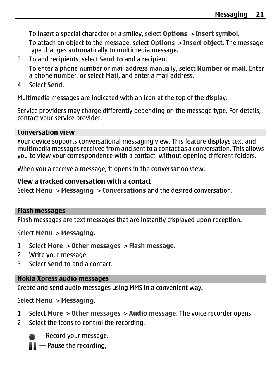 Conversation view, Flash messages, Nokia xpress audio messages | Nokia X2-01 User Manual | Page 21 / 44