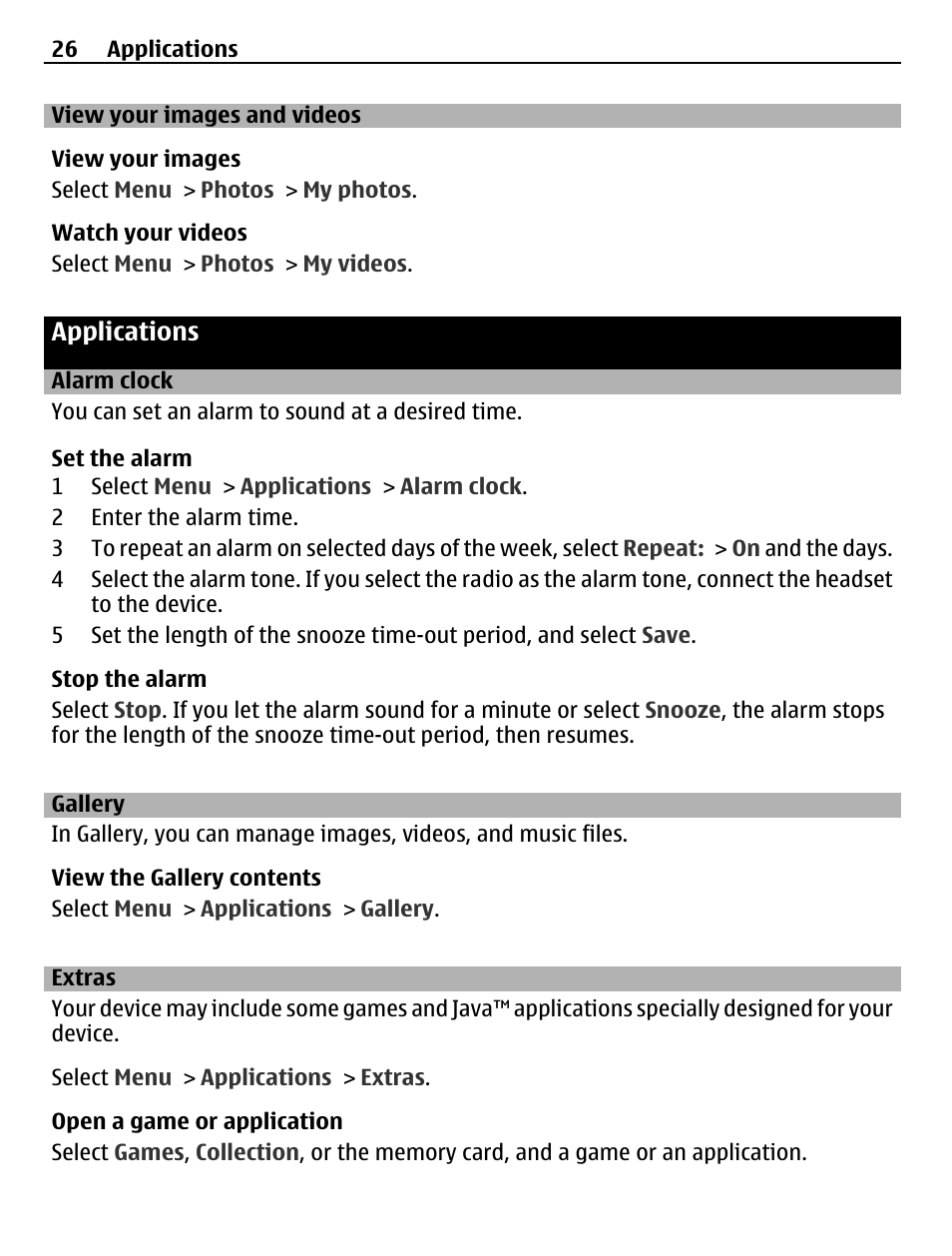 View your images and videos, Applications, Alarm clock | Gallery, Extras | Nokia X2-01 User Manual | Page 26 / 44