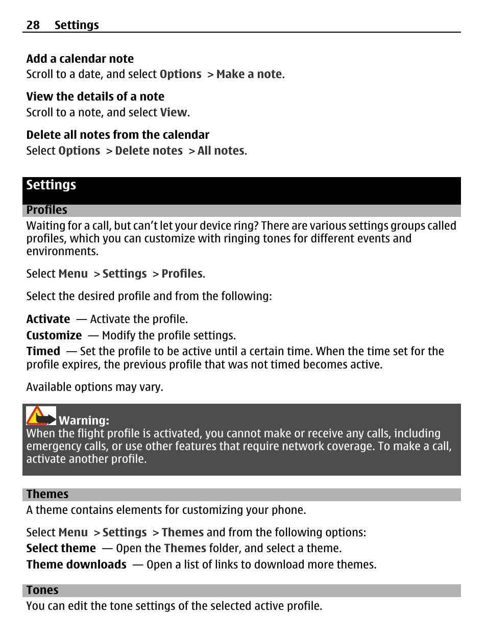 Settings, Profiles, Themes | Tones | Nokia X2-01 User Manual | Page 28 / 44