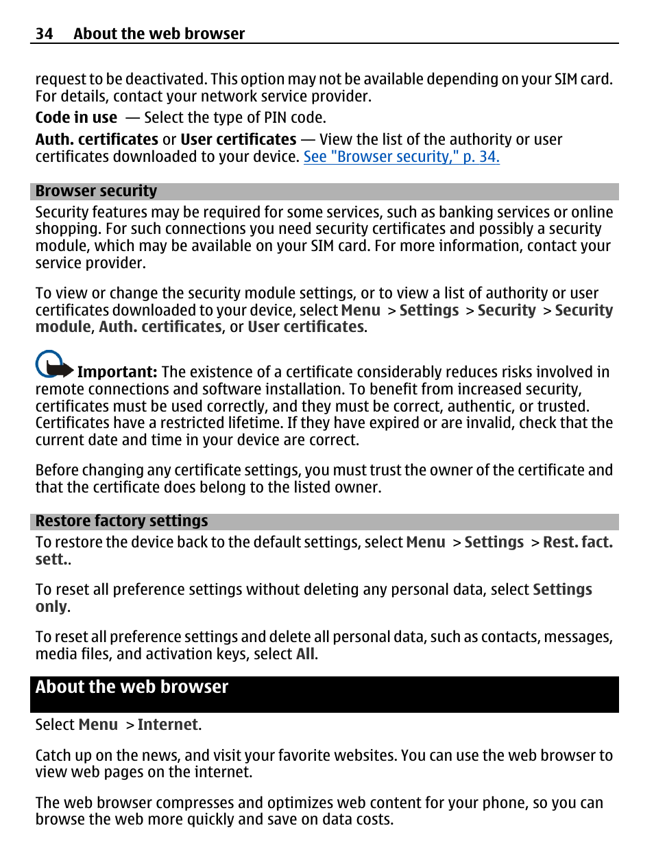 Browser security, Restore factory settings, About the web browser | Nokia X2-01 User Manual | Page 34 / 44