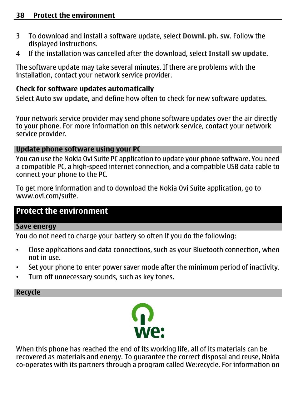Update phone software using your pc, Protect the environment, Save energy | Recycle, Update phone software using your pc 38 | Nokia X2-01 User Manual | Page 38 / 44