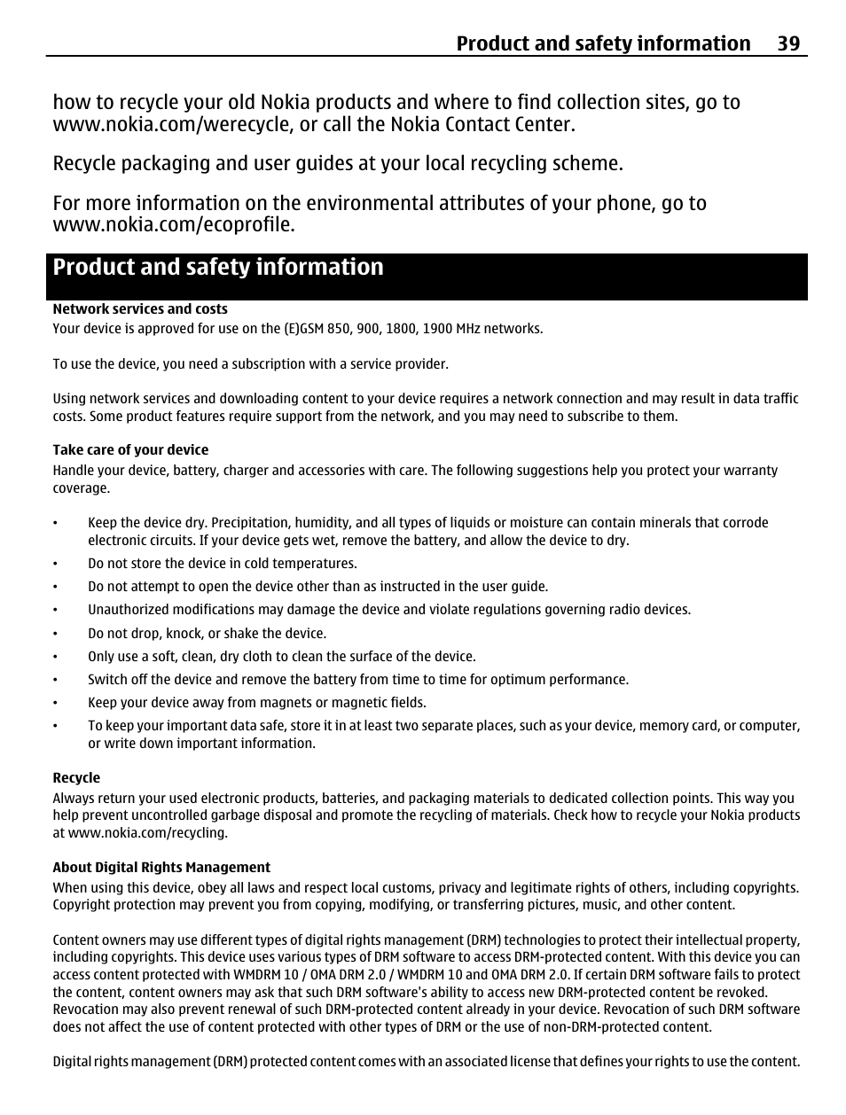 Product and safety information, Network services and costs, Take care of your device | Recycle, About digital rights management, Product and safety information 39 | Nokia X2-01 User Manual | Page 39 / 44