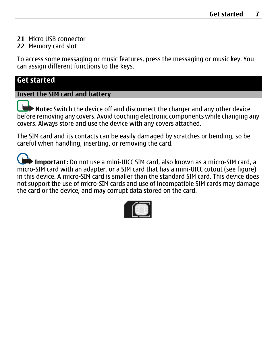 Get started, Insert the sim card and battery | Nokia X2-01 User Manual | Page 7 / 44
