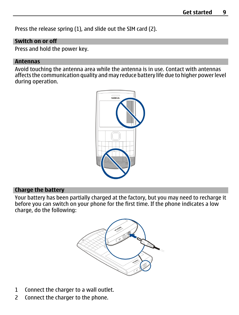 Switch on or off, Antennas, Charge the battery | Nokia X2-01 User Manual | Page 9 / 44