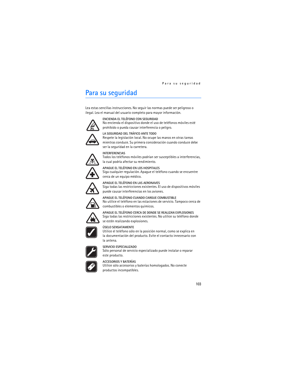 Para su seguridad | Nokia 8801 User Manual | Page 104 / 209