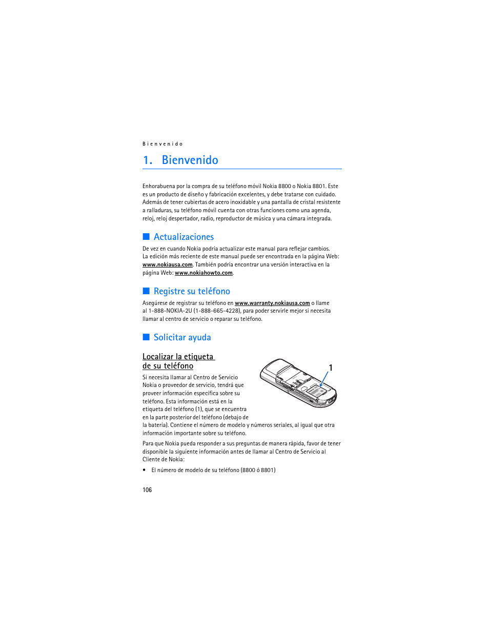 Bienvenido, Actualizaciones, Registre su teléfono | Solicitar ayuda | Nokia 8801 User Manual | Page 107 / 209