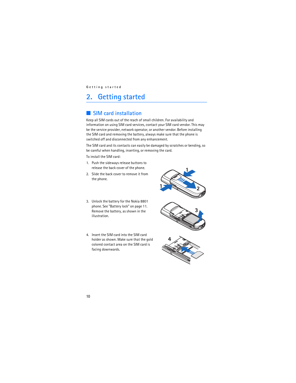 Getting started, Sim card installation | Nokia 8801 User Manual | Page 11 / 209