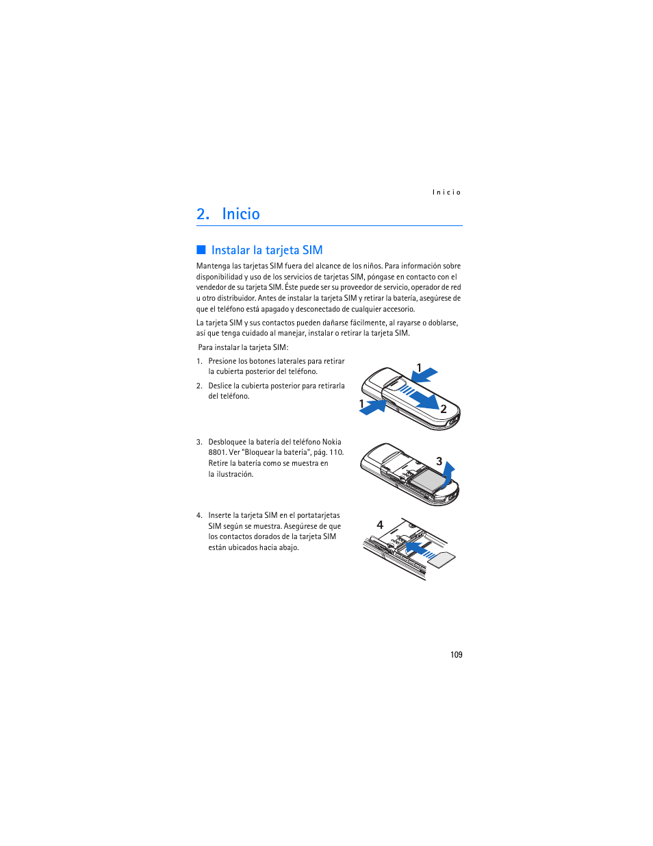 Inicio, Instalar la tarjeta sim | Nokia 8801 User Manual | Page 110 / 209