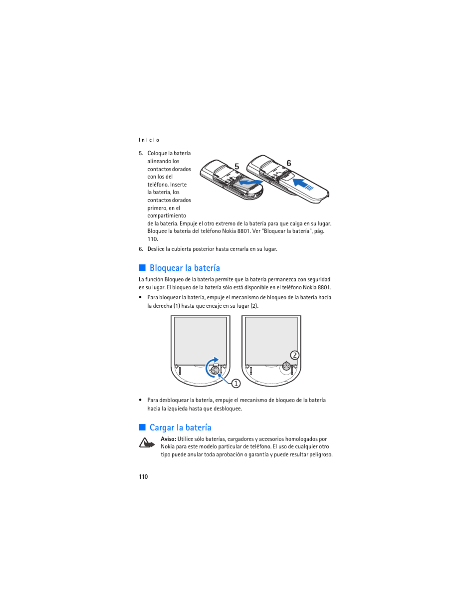 Bloquear la batería, Cargar la batería | Nokia 8801 User Manual | Page 111 / 209