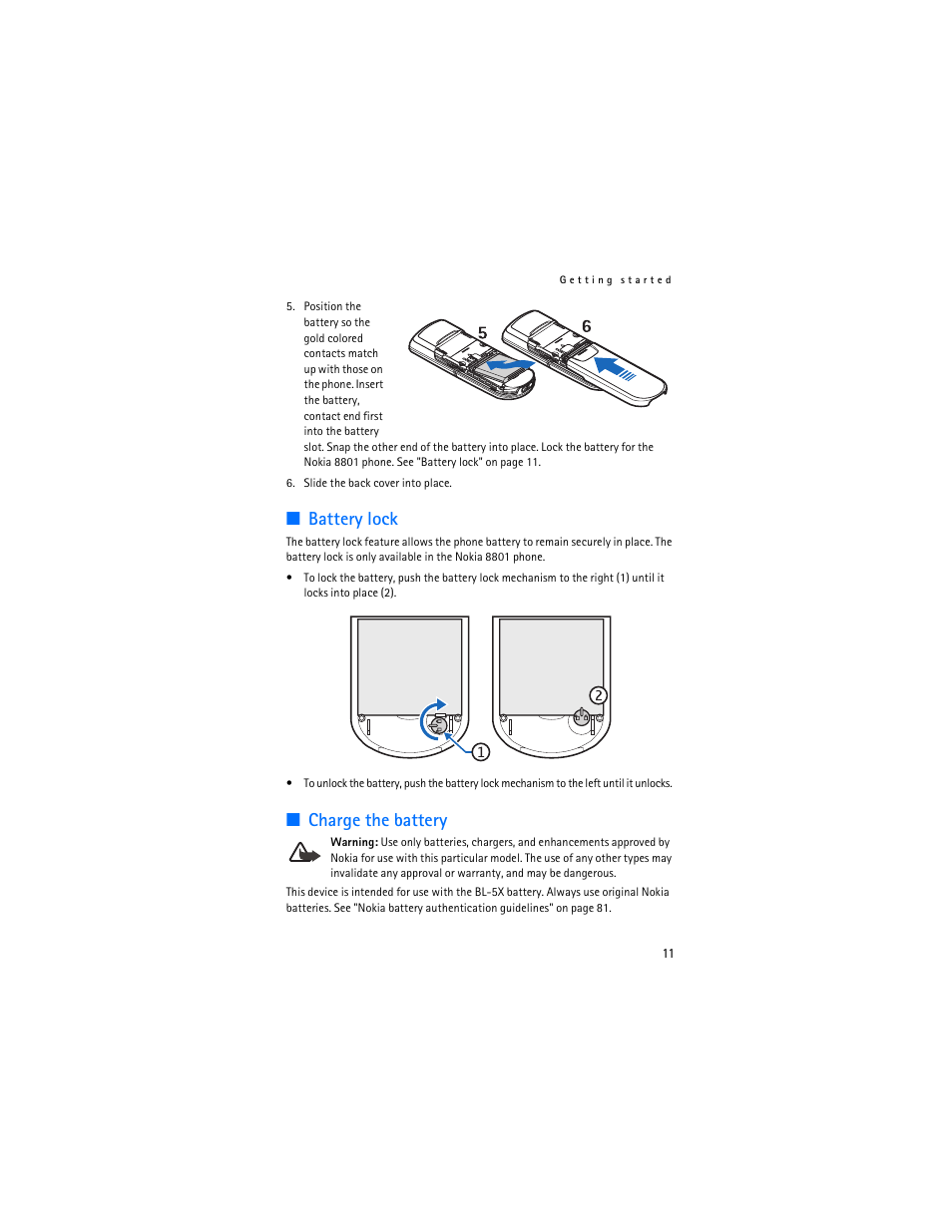 Battery lock, Charge the battery | Nokia 8801 User Manual | Page 12 / 209