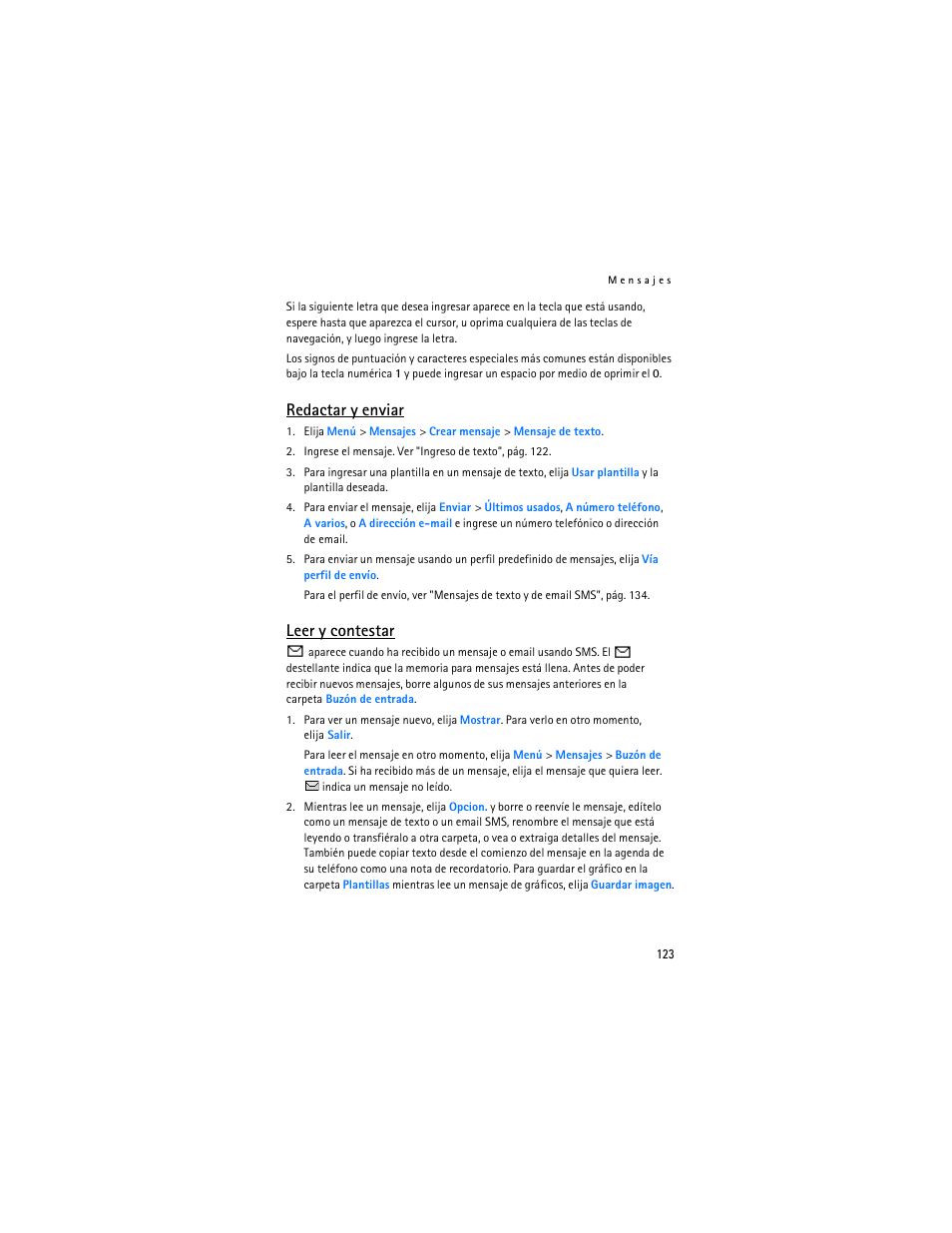 Redactar y enviar, Leer y contestar | Nokia 8801 User Manual | Page 124 / 209