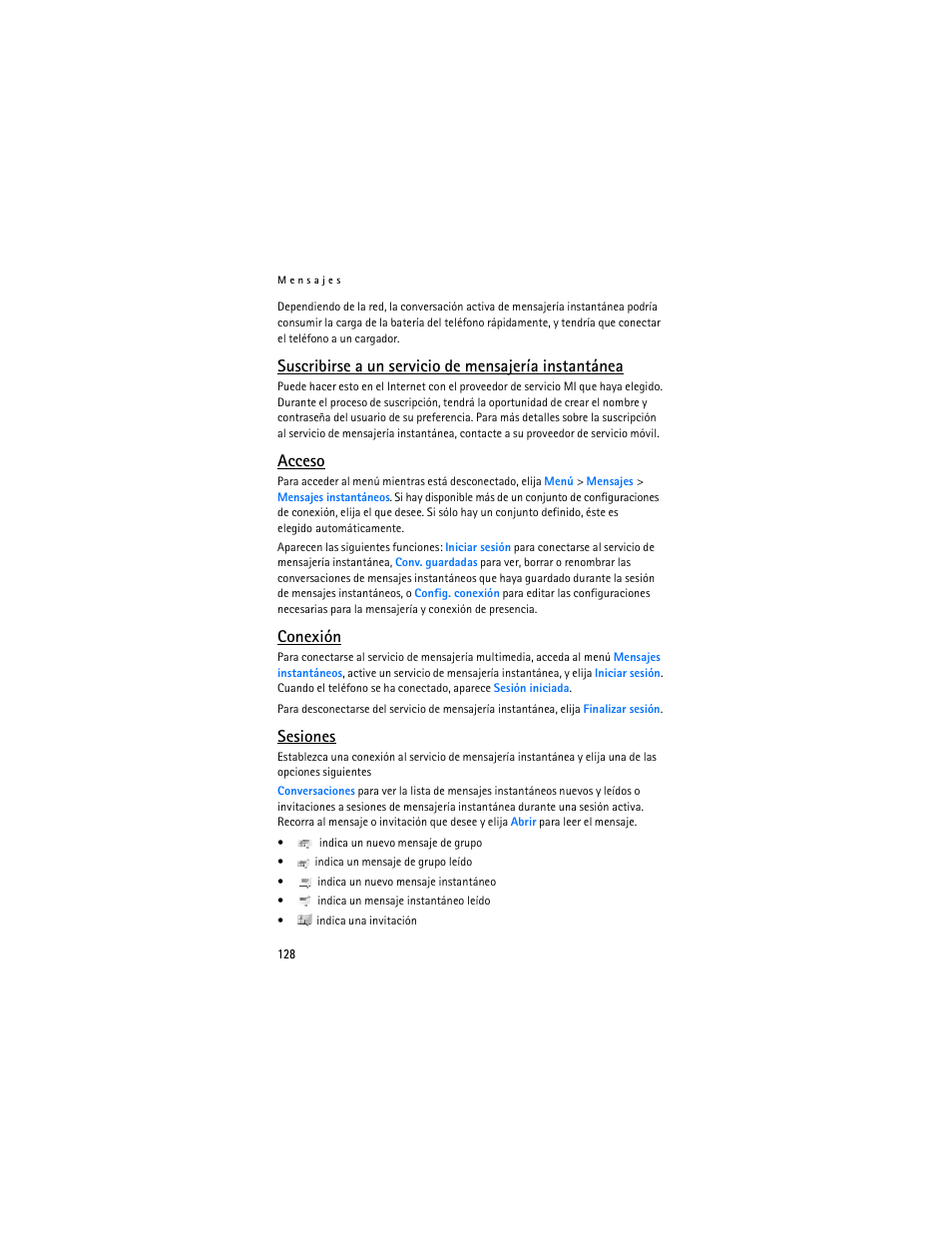 Acceso, Conexión, Sesiones | Nokia 8801 User Manual | Page 129 / 209