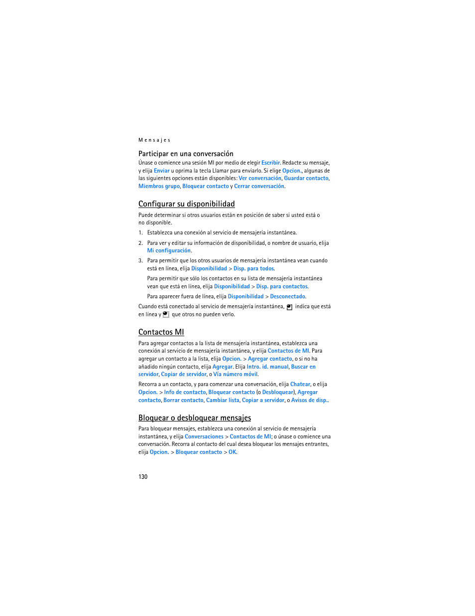 Configurar su disponibilidad, Contactos mi, Bloquear o desbloquear mensajes | Nokia 8801 User Manual | Page 131 / 209