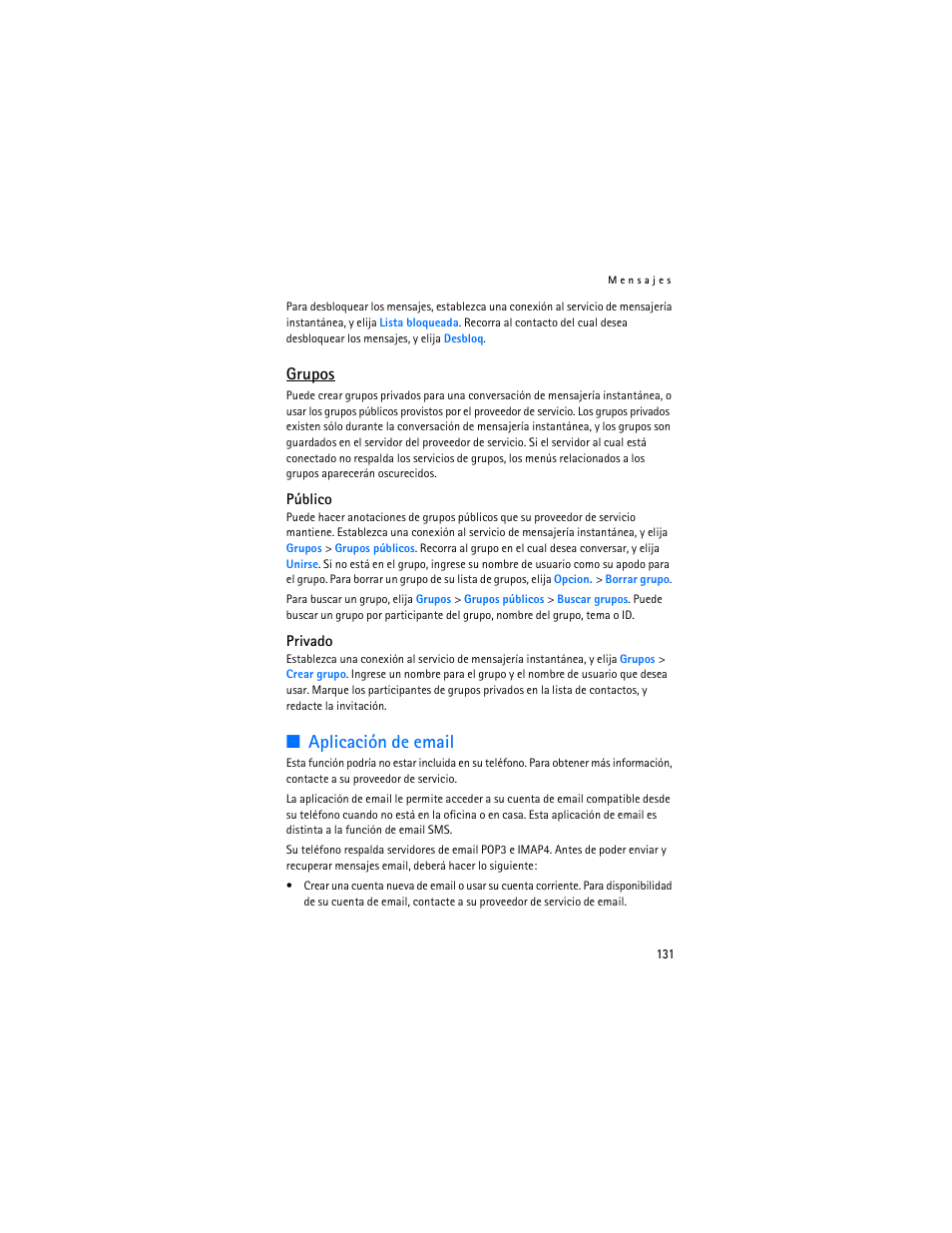 Aplicación de email, Grupos | Nokia 8801 User Manual | Page 132 / 209