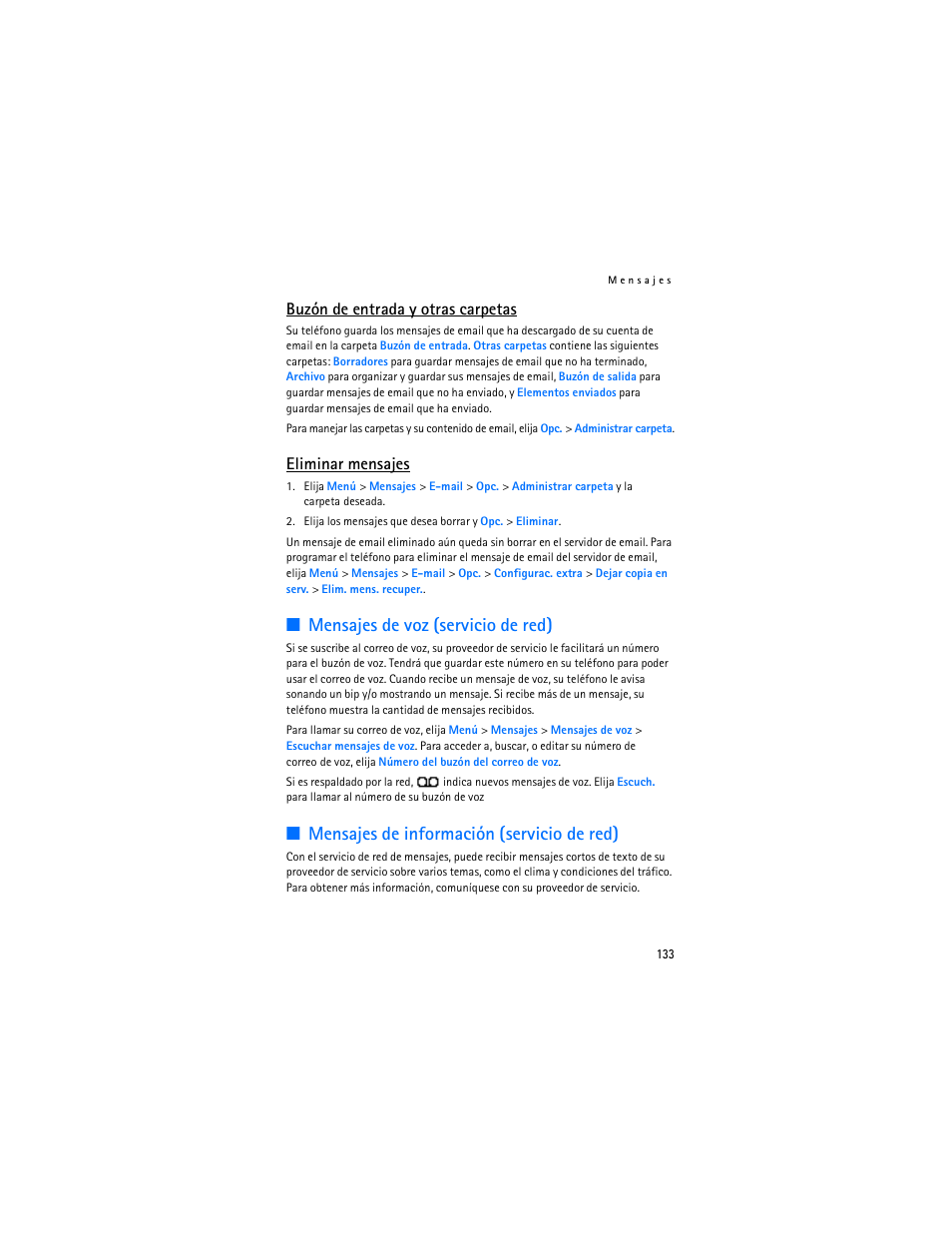 Mensajes de voz (servicio de red), Mensajes de información (servicio de red), Buzón de entrada y otras carpetas | Eliminar mensajes | Nokia 8801 User Manual | Page 134 / 209