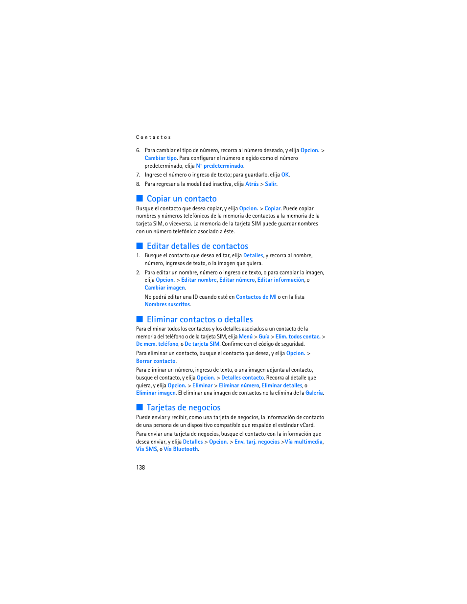 Copiar un contacto, Editar detalles de contactos, Eliminar contactos o detalles | Tarjetas de negocios | Nokia 8801 User Manual | Page 139 / 209