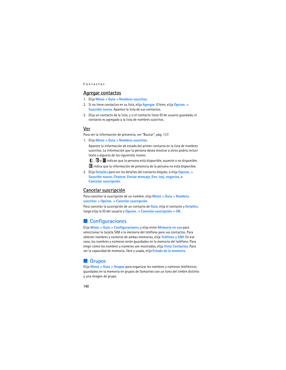 Configuraciones, Grupos, Agregar contactos | Cancelar suscripción | Nokia 8801 User Manual | Page 141 / 209
