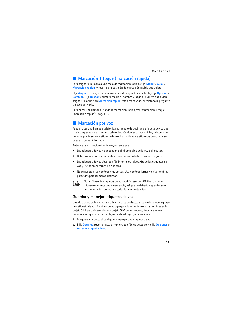 Marcación 1 toque (marcación rápida), Marcación por voz, Guardar y manejar etiquetas de voz | Nokia 8801 User Manual | Page 142 / 209