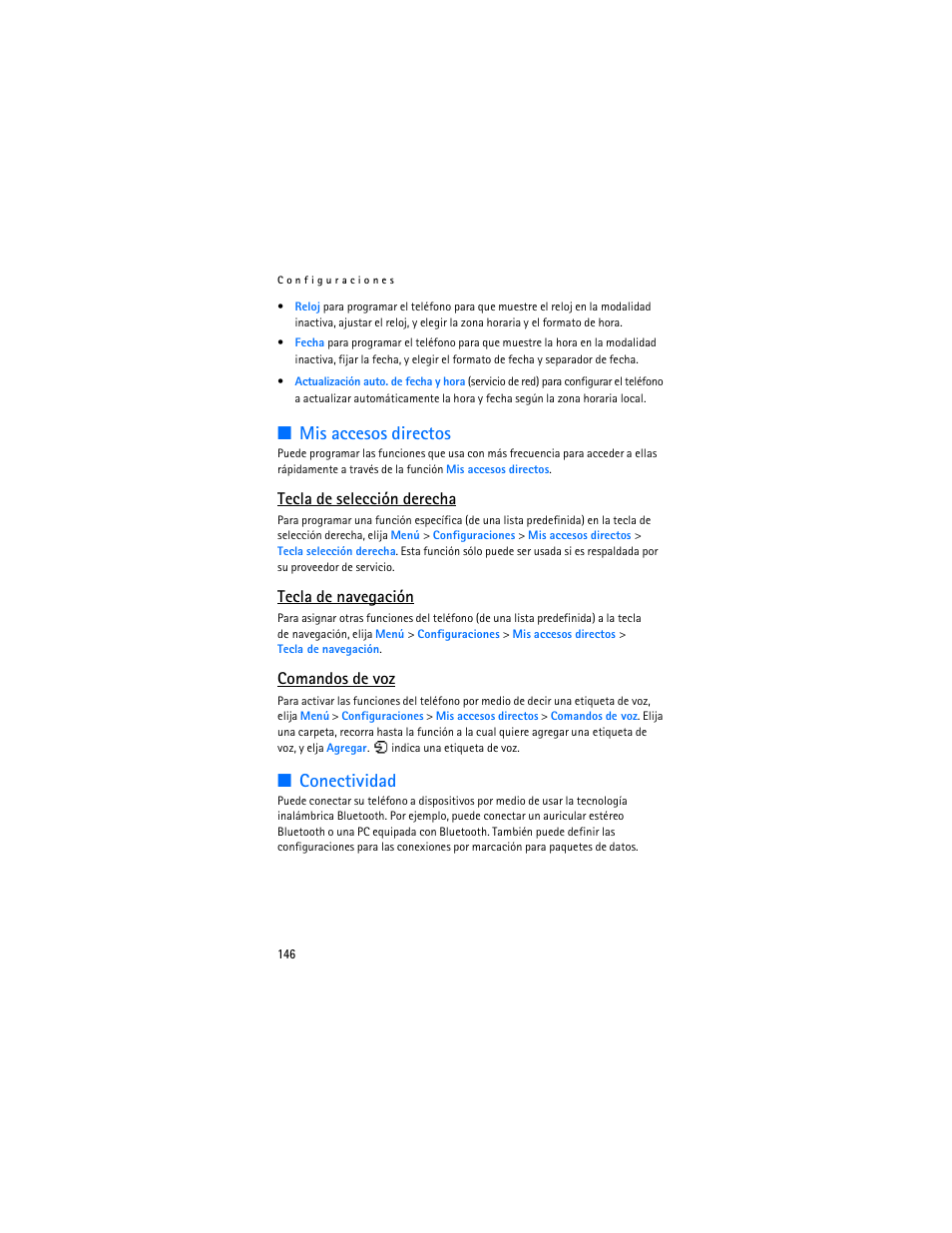 Mis accesos directos, Conectividad, Tecla de selección derecha | Tecla de navegación, Comandos de voz | Nokia 8801 User Manual | Page 147 / 209