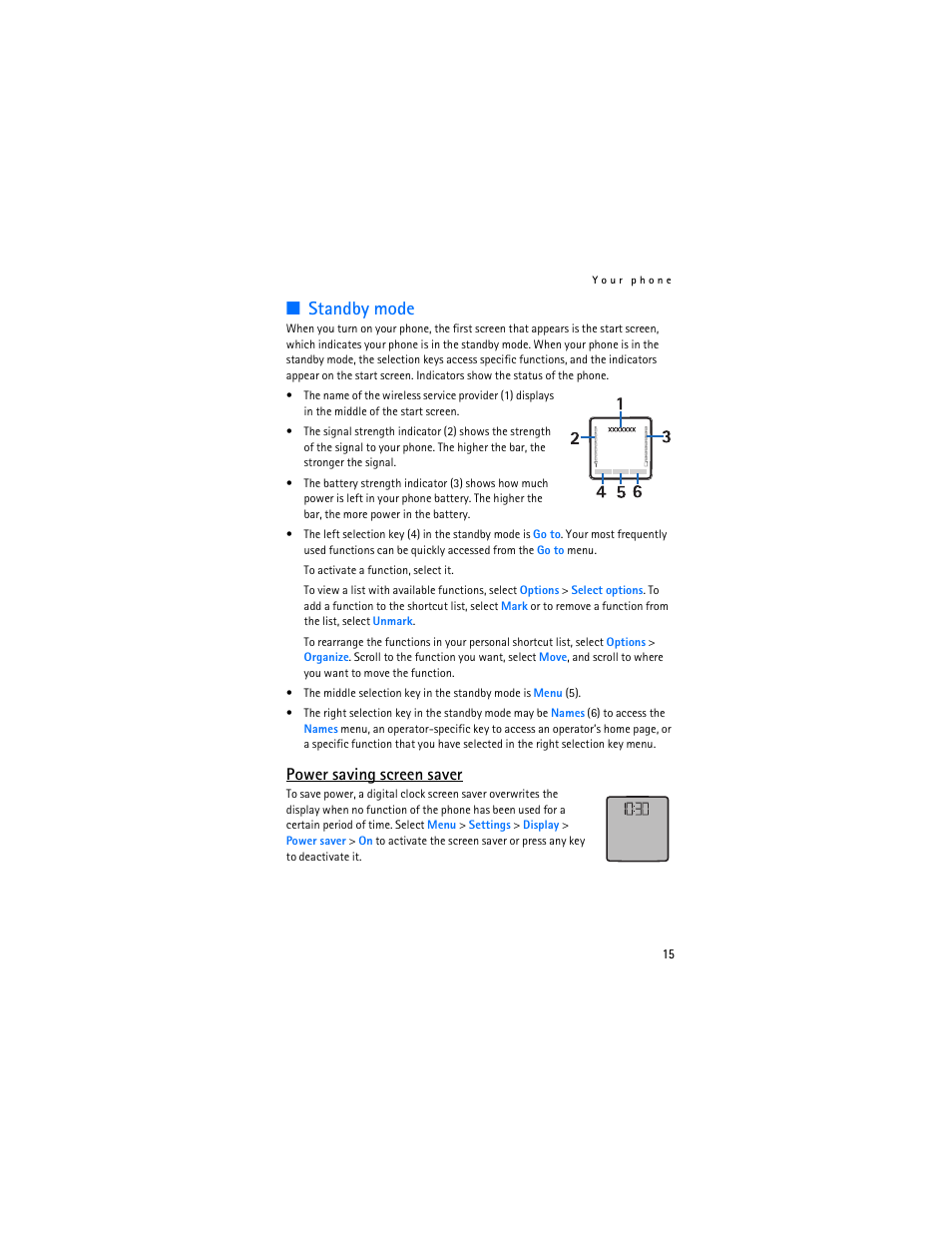 Standby mode, Power saving screen saver | Nokia 8801 User Manual | Page 16 / 209