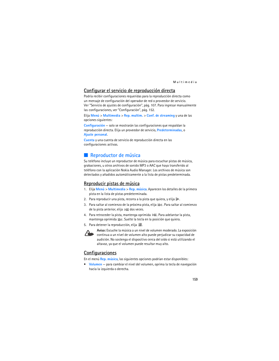 Reproductor de música, Configurar el servicio de reproducción directa, Reproducir pistas de música | Configuraciones | Nokia 8801 User Manual | Page 160 / 209