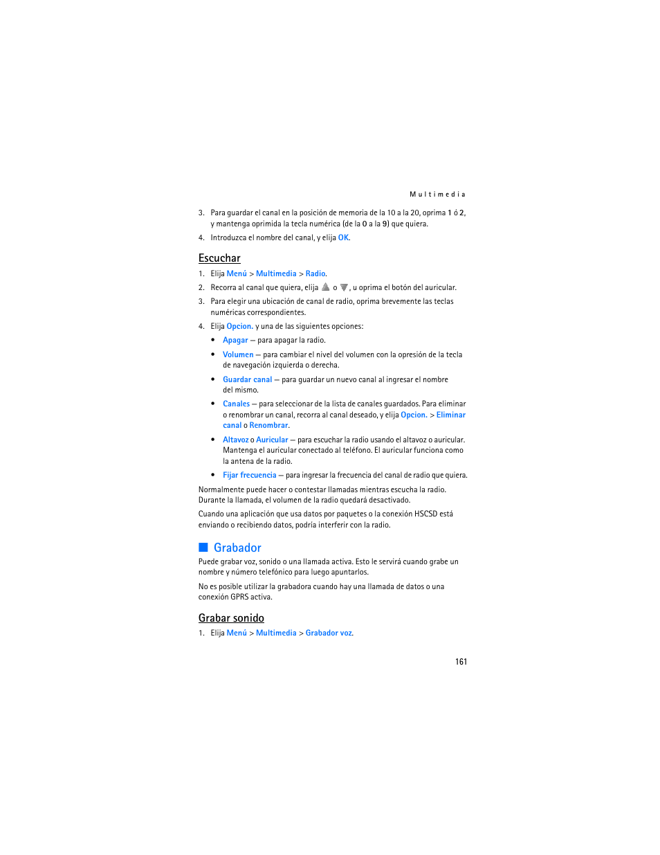 Grabador, Escuchar, Grabar sonido | Nokia 8801 User Manual | Page 162 / 209