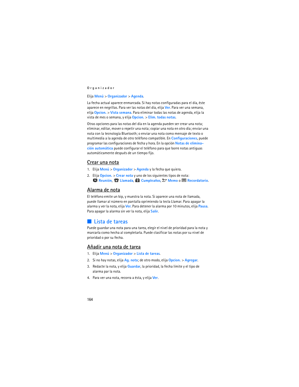 Lista de tareas, Crear una nota, Alarma de nota | Añadir una nota de tarea | Nokia 8801 User Manual | Page 165 / 209