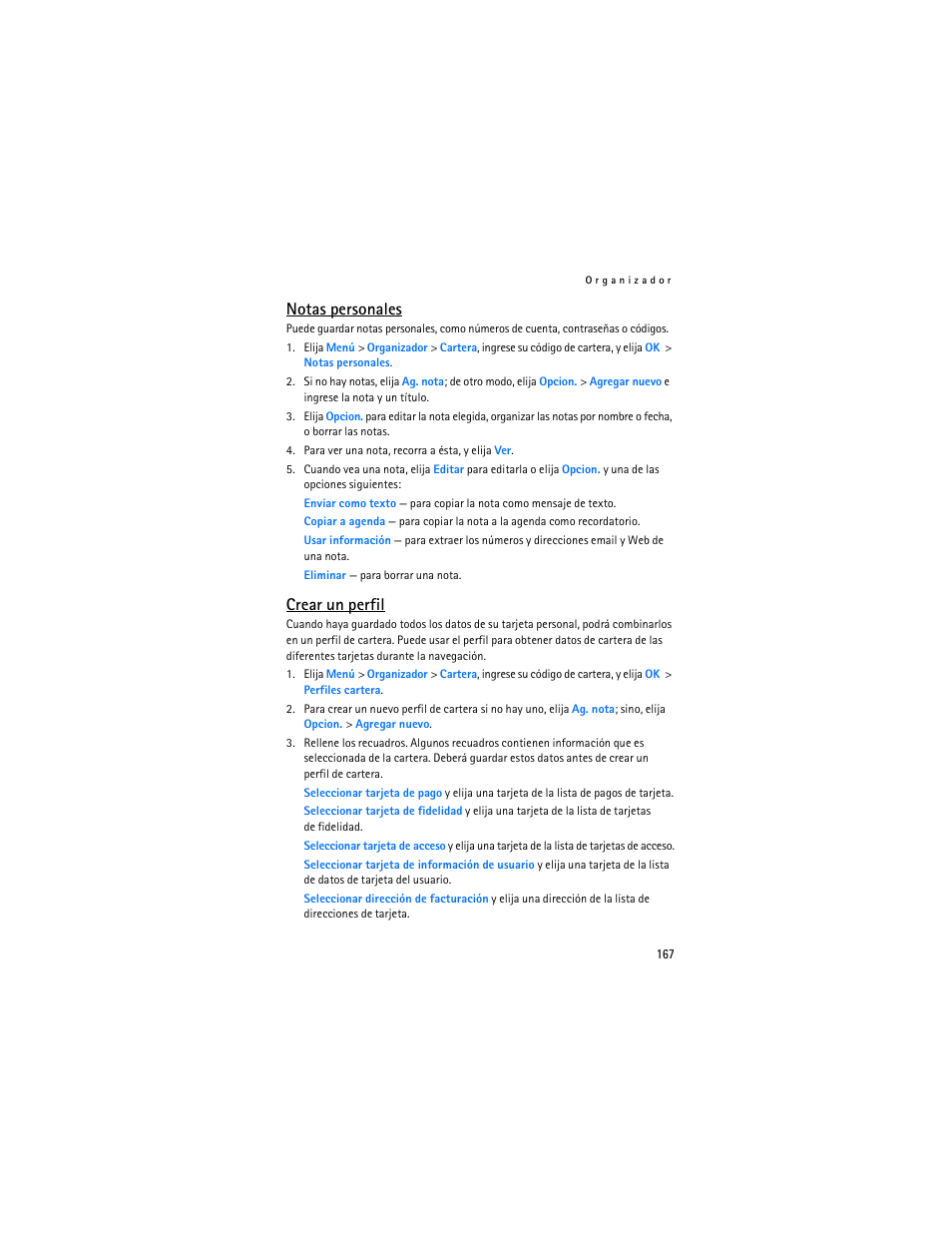 Notas personales, Crear, Un perfil | Crear un perfil | Nokia 8801 User Manual | Page 168 / 209