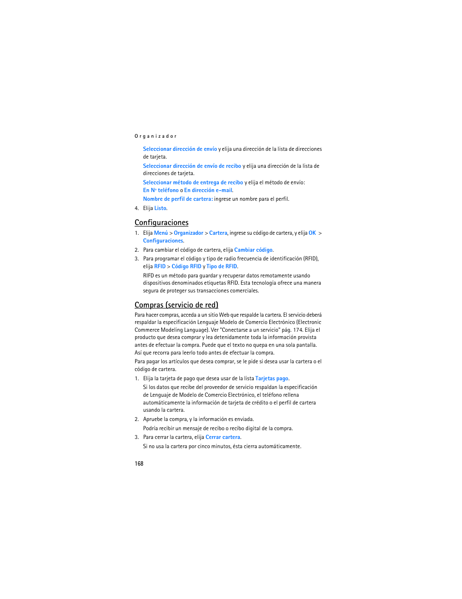 Configuraciones, Compras (servicio de red) | Nokia 8801 User Manual | Page 169 / 209
