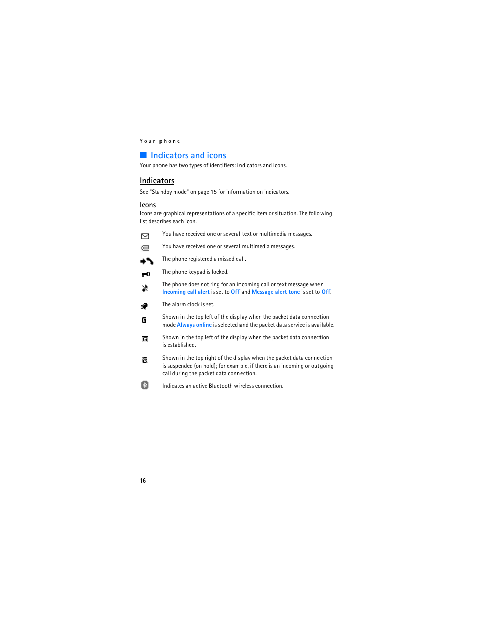 Indicators and icons, Indicators | Nokia 8801 User Manual | Page 17 / 209