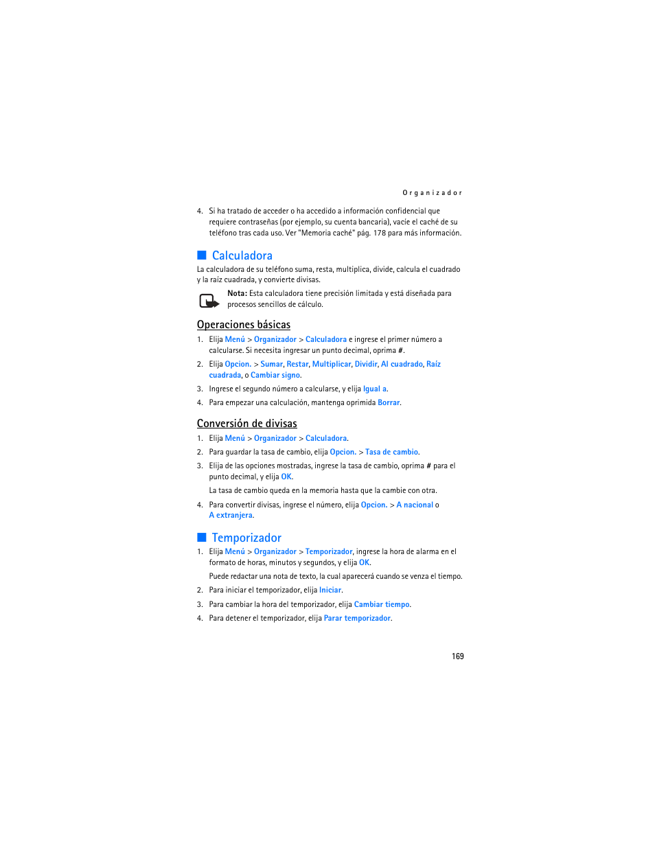 Calculadora, Temporizador, Operaciones básicas | Conversión de divisas | Nokia 8801 User Manual | Page 170 / 209