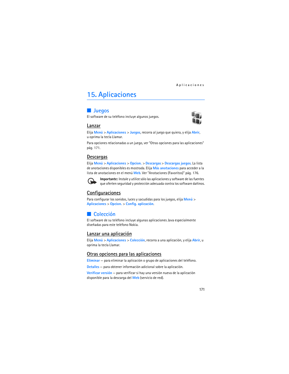 Aplicaciones, Juegos, Colección | Lanzar, Descargas, Configuraciones, Lanzar una aplicación, Otras opciones para las aplicaciones | Nokia 8801 User Manual | Page 172 / 209