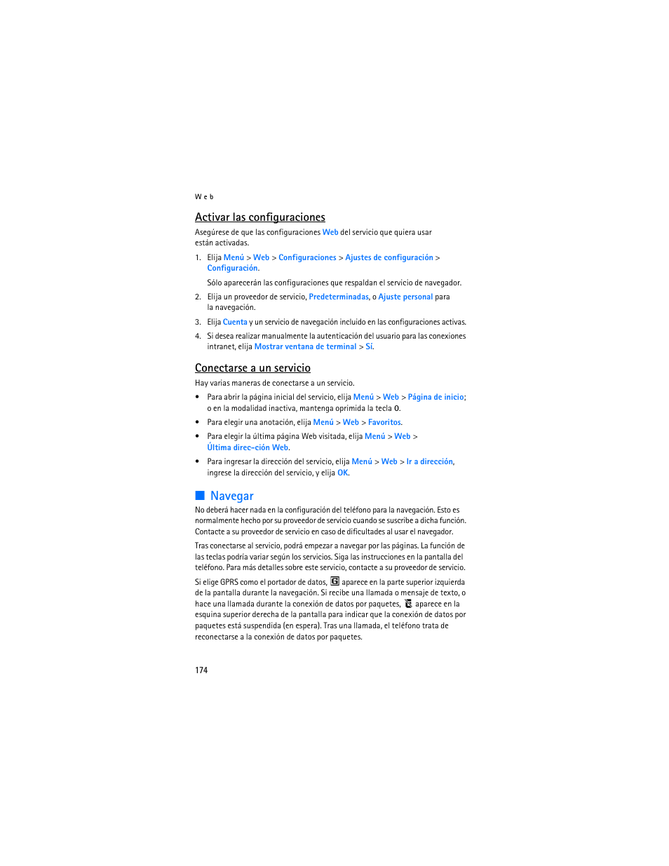 Navegar, Activar las configuraciones, Conectarse a un servicio | Nokia 8801 User Manual | Page 175 / 209