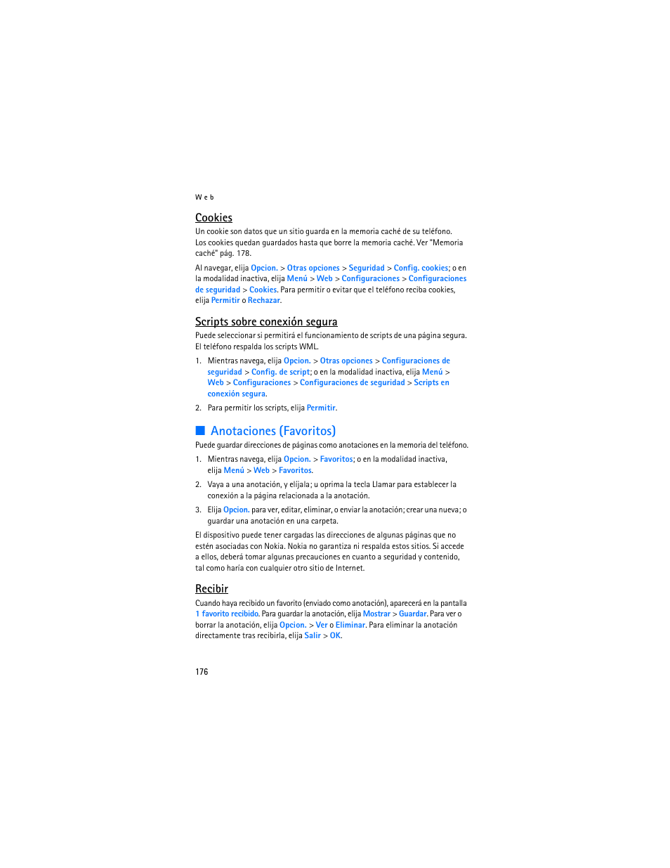 Anotaciones (favoritos), Cookies, Scripts sobre conexión segura | Recibir | Nokia 8801 User Manual | Page 177 / 209