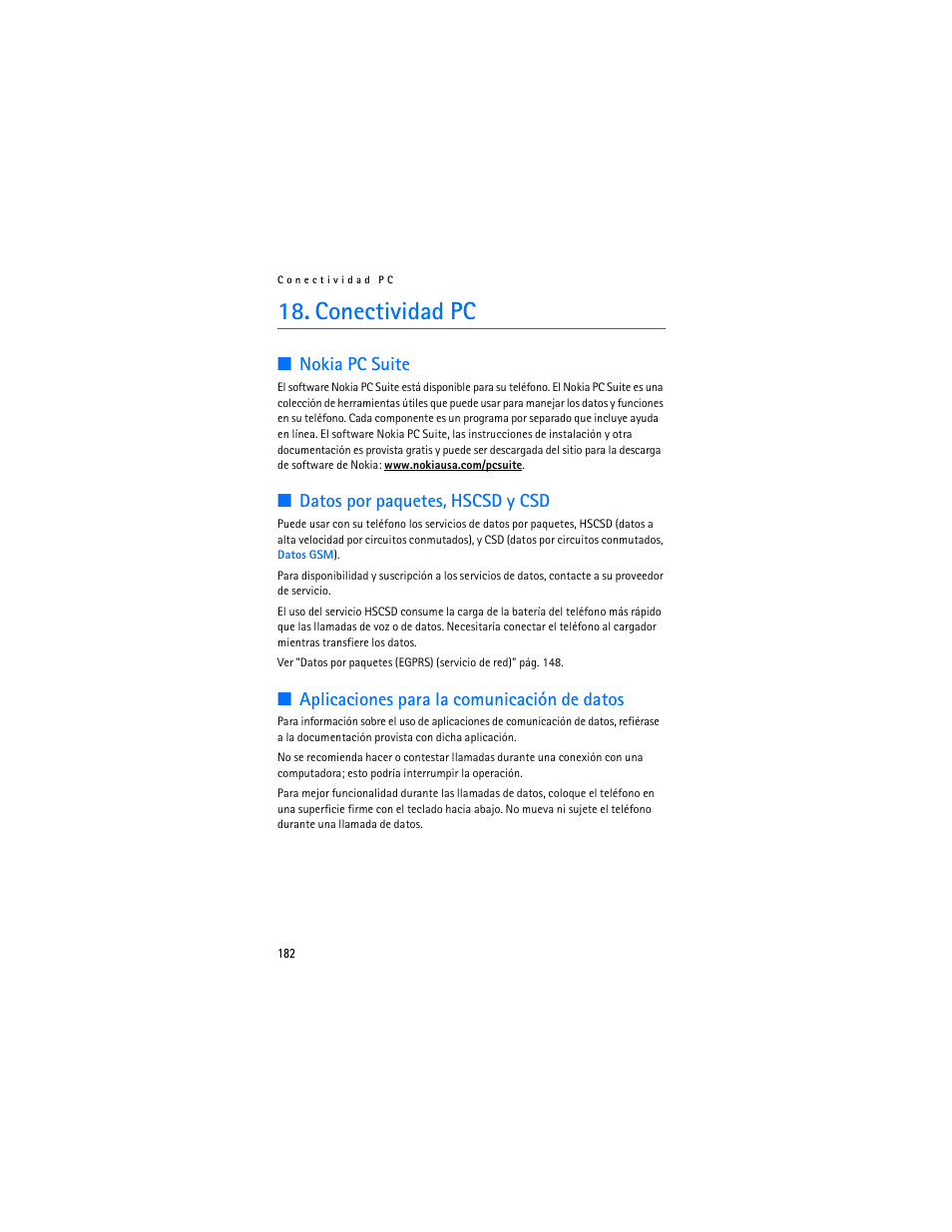 Conectividad pc, Conectividad pc", pág. 182 para, Nokia pc suite | Datos por paquetes, hscsd y csd, Aplicaciones para la comunicación de datos | Nokia 8801 User Manual | Page 183 / 209