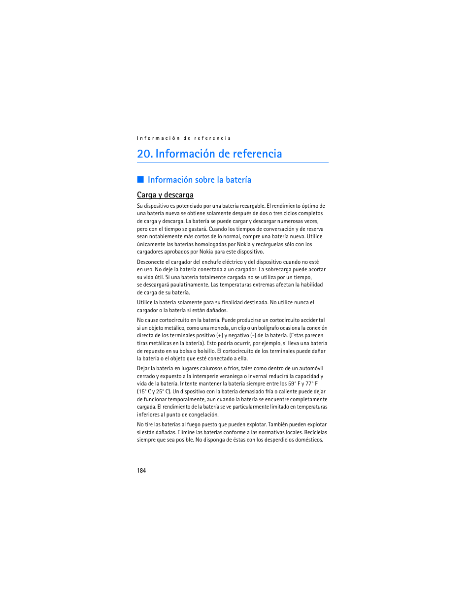 Información de referencia, Información sobre la batería | Nokia 8801 User Manual | Page 185 / 209